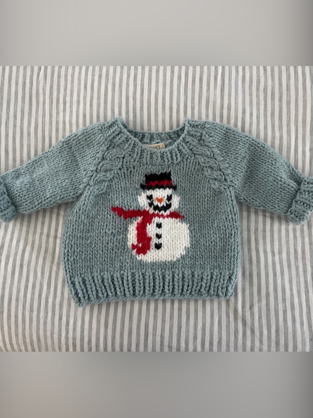 Light Blue Hand-Knit Kids Snowman Sweater